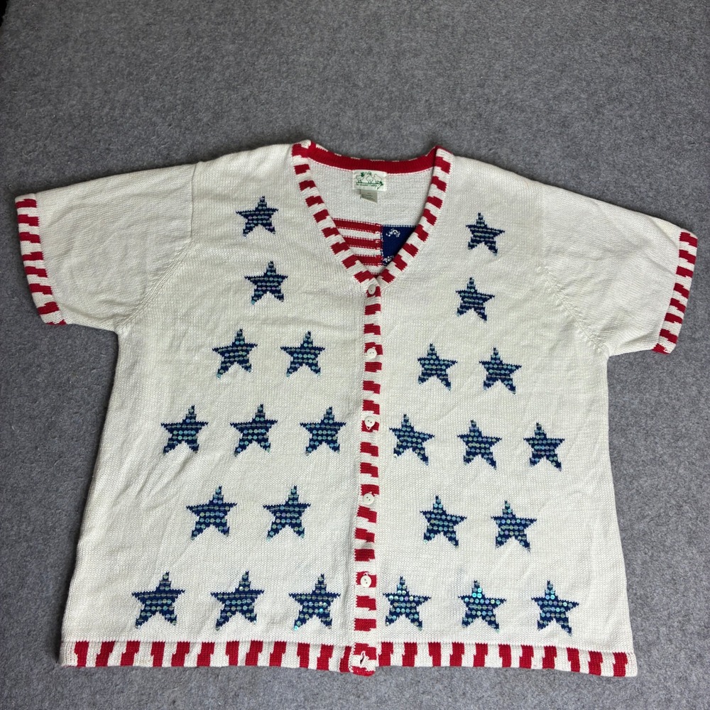 Vintage Quacker Factory Mens 2X Patriotic Star Sequin Cardigan Sweater White